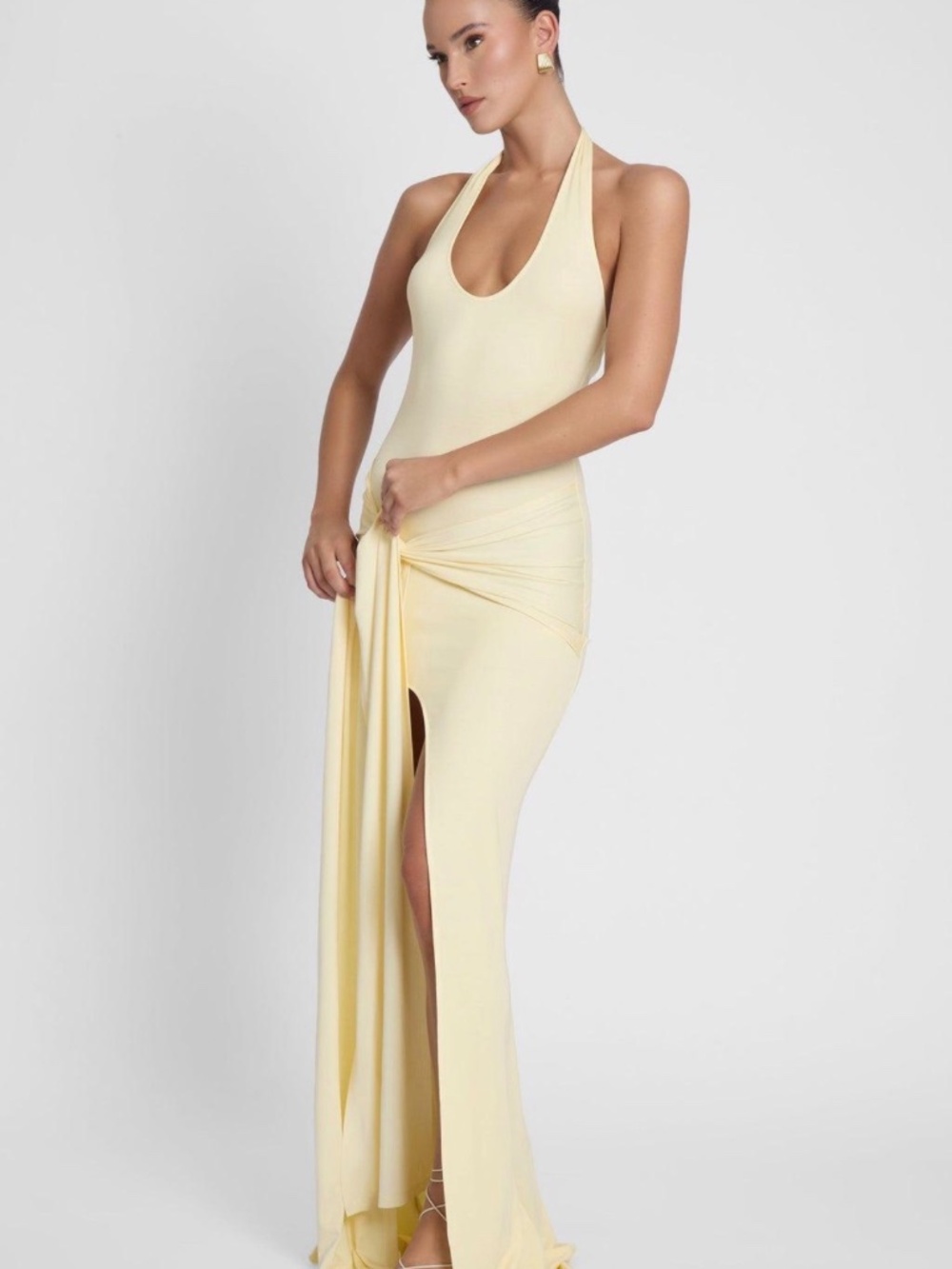 NWT LEAU Heaven Halter Jersey Knot Maxi Dress in Butter Yellow.